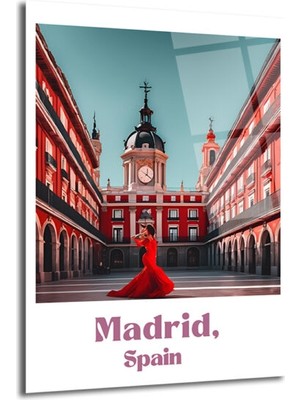 GLAZELLA Madrid Plaza Mayor Kırmızı Elbiseli Kadın Cam Tablo