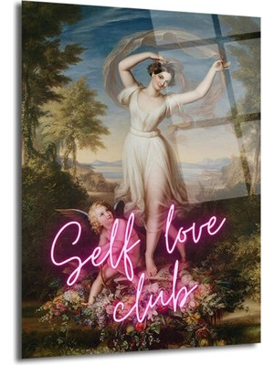GLAZELLA Self Love Club Neon Temalı Klasik Sanat Cam Tablo