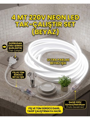 Econa 4 Metre Neon Esnek Şerit LED 220V +Fiş Beyaz Işık Tak Çalıştır Tezgah ve Mutfak Aydınlatması LED Şerit