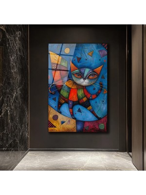 Canlı Renklerle Kübist Kedi Cam Tablo - Glazella Sanat Eseri