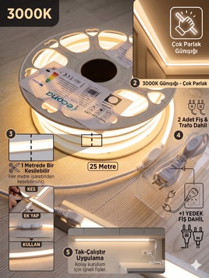Econa 25 Metre 3000K Günışığı 220V Neon LED Şerit Led, Çok Parlak, Kesilebilir, Tak-Çalıştır Fişli & Yedek Fişli,esnek LED