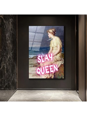 GLAZELLA Slay Queen Neon Pembe Yazılı Klasik Sanat Cam Tablo