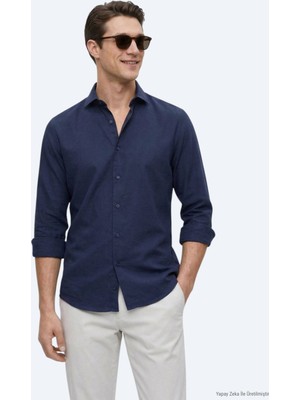 Kip Lacivert Düz Regular Fit Uzun Dokuma Casual Pamuk Karışımlı Gömlek
