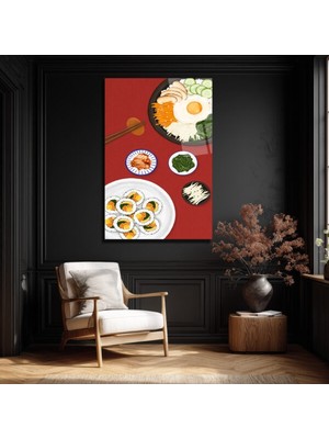 GLAZELLA Kore Mutfağı Ziyafeti Cam Tablo | Bibimbap ve Kimbap Duvar Sanatı