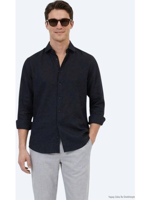 Kip Siyah Düz Regular Fit Uzun Dokuma Casual Pamuk Karışımlı Gömlek