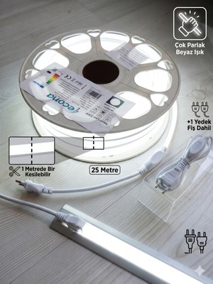 Econa 25 Metre Neon LED Şerit 220V - Beyaz Işık, Çok Parlak, Kesilebilir, 2 Fişli Tak Çalıştır Set,mutfak Vetezgah Altı LED