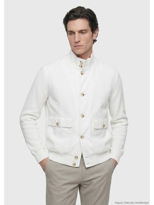 Beyaz Regular Fit Dik Yaka Casual Dokuma Mont