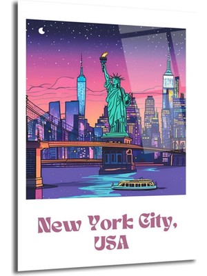 GLAZELLA New York Şehir Manzarası Cam Tablo: Neon Işıklar ve Özgürlük Heykeli