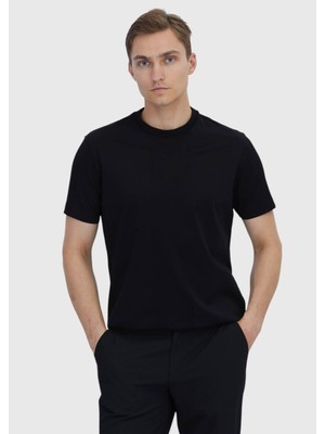 Siyah Jakarlı Bisiklet Yaka %100 Pamuk T-Shirt