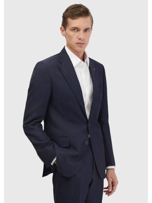 Indigo Çizgili Zeroweight Slim Fit Yün Karışımlı Takım Elbise