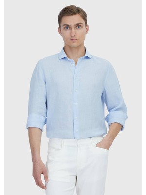 Ramsey Mavi Düz Casual Fit Uzun Dokuma Casual %100 Keten Gömlek