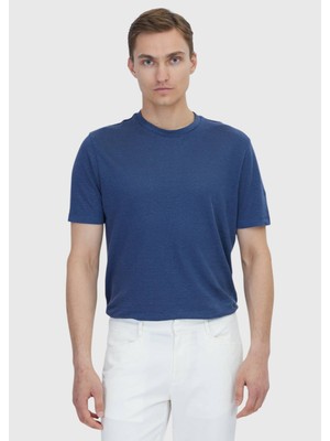 Ramsey İndigo Düz Bisiklet Yaka %100 Keten T-Shirt