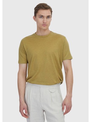 Yağ Yeşili Düz Bisiklet Yaka %100 Keten T-Shirt