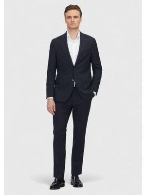 Ramsey Koyu Lacivert Desenli Zeroweight Slim Fit %100 Yün Takım Elbise