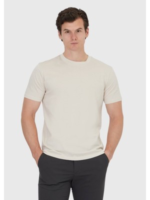 Bej Düz Bisiklet Yaka %100 Pamuk T-Shirt