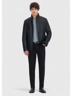 Siyah Regular Fit Dik Yaka Casual Koyun Kürkü Deri Mont