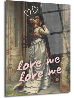 GLAZELLA Love Me Yazılı Romantik Öpücük Cam Tablo