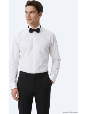 Kip Beyaz Düz Slim Fit Duble Manşet Ata Yaka Smokin Gömlek
