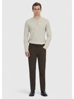Haki Düz Dokuma Slim Fit Casual Pamuk Karışımlı Pantolon