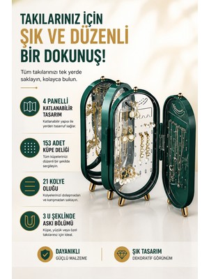 CoverZone Katlanabilir Takı Düzenleme Kutusu, Screen Folding Jewelry Box, 4 Panelli Takı Düzenleyici, Aynalı Tasarım, 153 Küpe Deliği, 21 Kolye Oluğu, 3 U Şeklinde Askı Bölümü | CX-9001
