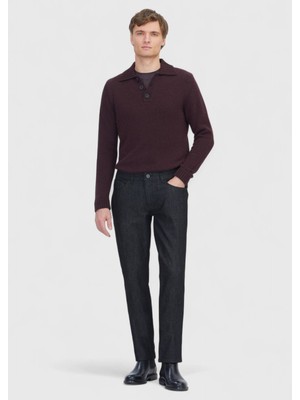 Siyah Düz Slim Fit Denim Pamuk Karışımlı Pantolon