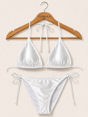 Funella Saten Beyaz Üçgen Bikini Takımı Bağlanabilir Bikini Takımı