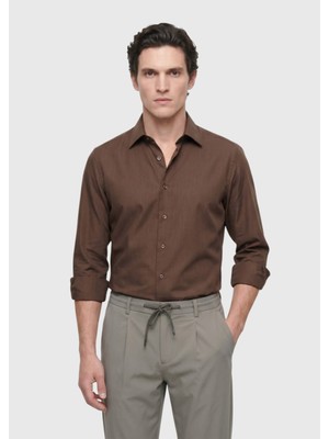 Kahverengi Düz Casual Fit Dokuma Casual Ipek Karışımlı Gömlek