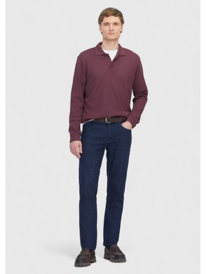 Bordo Polo Yaka Jakarlı Sweatshırt