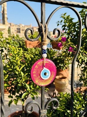 El Yapımı Hediyelik Dekoratif Nazar Boncuğu, Simli ve İpli, Pembe 11 cm Kapı ve Duvar Süsü, Cam Nazarlık