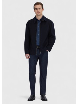 Lacivert Regular Fit Gömlek Yaka Casual Dokuma Mont