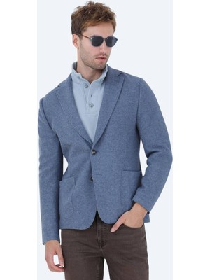 Mavi Düz Modern Fit Yün Karışımlı Örme Ceket
