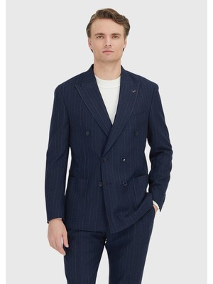 Ramsey Lacivert Çizgili Shirt Shoulder Slim Fit Yün Karışımlı Ceket