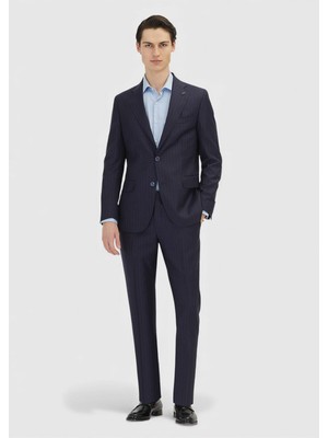 Ramsey Koyu Lacivert Çizgili Zeroweight Slim Fit %100 Yün Takım Elbise