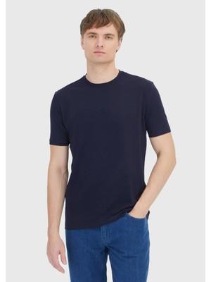 Ramsey Lacivert Düz Bisiklet Yaka Pamuk Karışımlı T-Shirt