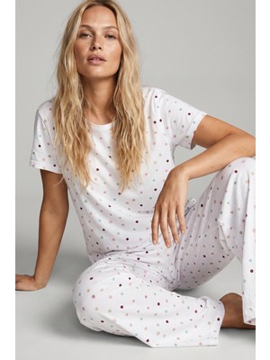 Siyah İnci Beyaz Renkli Puan Desenli Pamuklu Örme Pijama Takımı 8025