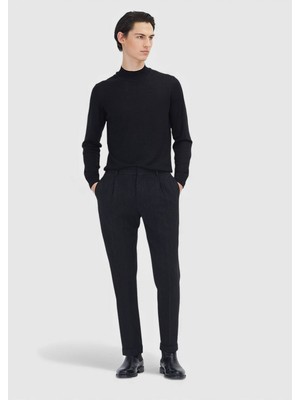Ramsey Siyah Desenli Dokuma Regular Fit Casual Yün Karışımlı Pantolon