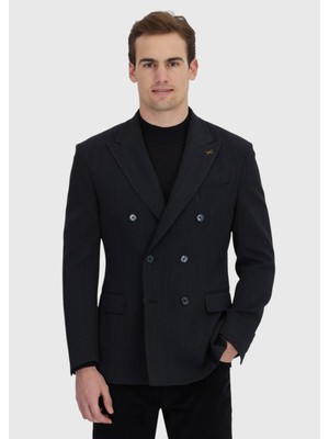 Ramsey Siyah Desenli Zeroweight Slim Fit Yün Karışımlı Ceket