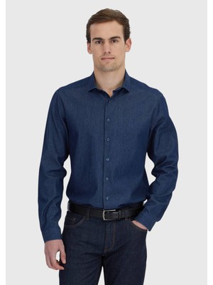Ramsey İndigo Düz Casual Fit Uzun Dokuma Casual %100 Pamuk Gömlek
