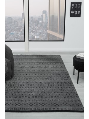 Vitali Home Gaia Antrasit Halı Yıkanabilir Kaymaz Taban Şönil Kilim Dokuma Pamuk Taban Kilim 10343