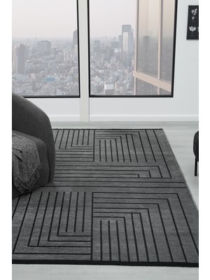 Vitali Home Gaia Antrasit Halı Yıkanabilir Kaymaz Taban Şönil Kilim Dokuma Pamuk Taban Kilim 10347