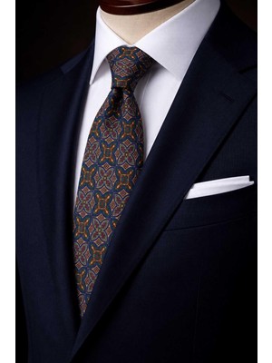 Kravatkolik Lacivert - Bej Motif Desen Italyan Ipek Kravat İK2479