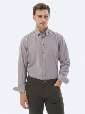 Kip Lila Fitilli Regular Fit Uzun Dokuma Kadife Casual %100 Pamuk Gömlek
