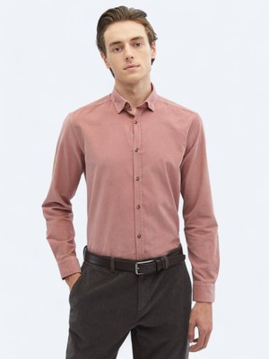 Kip Pembe Fitilli Regular Fit Uzun Dokuma Kadife Casual %100 Pamuk Gömlek