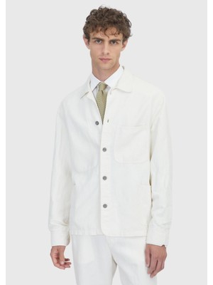 Ramsey Ekru Düz Casual Fit Uzun Dokuma Pamuk Karışımlı Overshirt