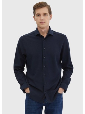 Ramsey Lacivert Çizgili Casual Fit Uzun Casual %100 Pamuk Gömlek