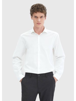 Ramsey Beyaz Düz Casual Fit Uzun Dokuma Kadife Casual %100 Pamuk Gömlek