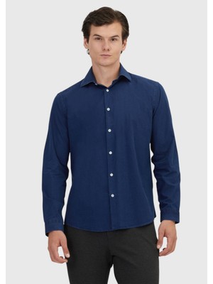 Ramsey İndigo Düz Casual Fit Uzun Dokuma Casual %100 Pamuk Gömlek