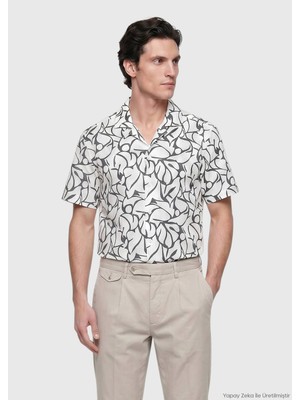 Ramsey Ekru Regular Fit Kısa Dokuma Casual %100 Pamuk Gömlek