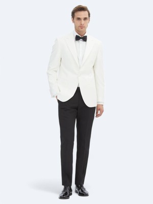 Ekru Düz Slim Fit Kruvaze Yaka Dokuma Smokin Takım Elbise