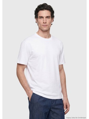 Ramsey Beyaz Düz Bisiklet Yaka %100 Pamuk T-Shirt